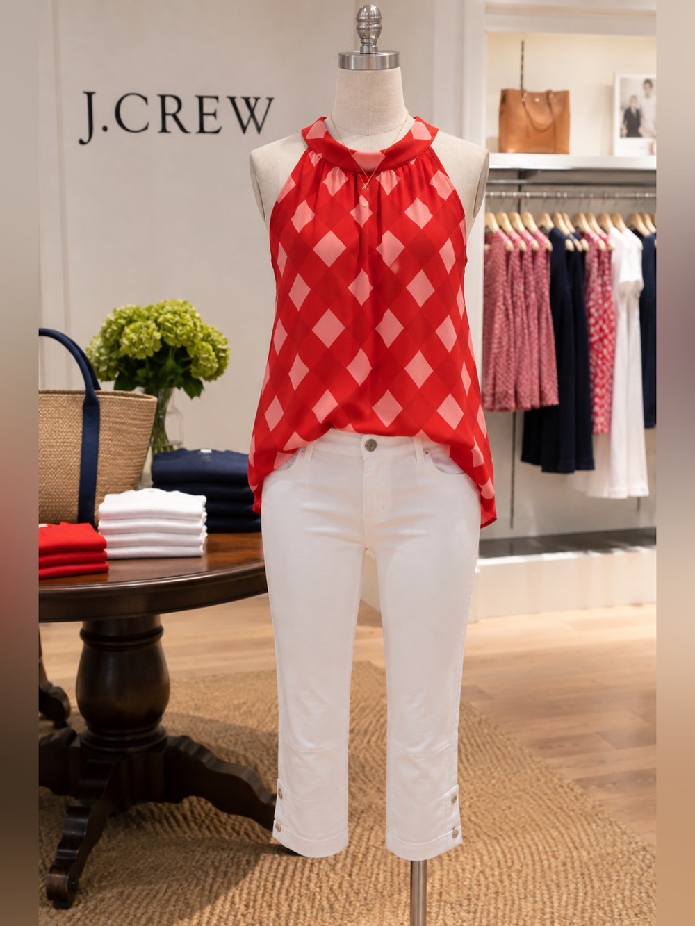 J. Crew | Red and Pink Geometric Sleeveless Top